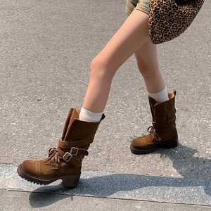 Bottes en cuir véritable de style britannique vintage pour femmes, nouvelle collection 2026, bottes western mi-mollet à talons hauts - Product Image 4