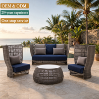 Ensemble de canapés de luxe pour hôtel, d'extérieur, en aluminium, avec chaise haute de conversation, fauteuil simple à dossier bas, coussins de siège profonds et tressage en corde