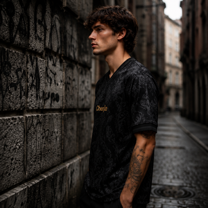 <span class=keywords><strong>Camiseta</strong></span> de Fútbol Negra Estilo Gótico Noir, <span class=keywords><strong>Camiseta</strong></span> de Fútbol con Jacquard Damasco Ornamentado, Ropa Deportiva Vintage Totalmente Negra - Product Image 3
