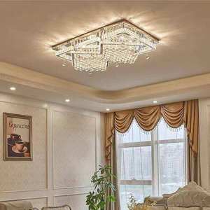 Lustre rectangulaire en cristal de style européen, plafonnier LED pour salon, grande taille, base en métal, couvercle en verre, blanc chaud - Product Image 1