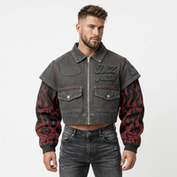 Jaket Denim Musim Dingin Kancing Abu-abu Washed Crop Merah Hitam Lengan Rajut Motif Api Logo Timbul 3D Badge Oval Jahitan Kulit Kepang