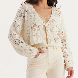 <span class=keywords><strong>Cardigan</strong></span> da Donna in Pizzo Crema con Scollo a V e Maniche a Sbuffo, Lavorazione all'Uncinetto, Personalizzato dalla Fabbrica Wisrise - Product Image 1