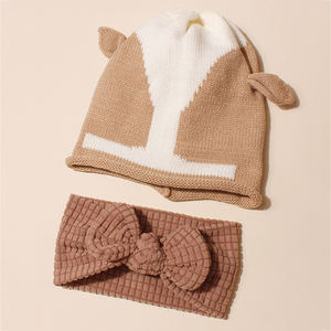 2 개 신생아 아기 니트 동물 귀 모자와 질감 활 머리띠 세트 귀여운 유아 모자 키즈 헤어 액세서리 도매 - Product Image 1