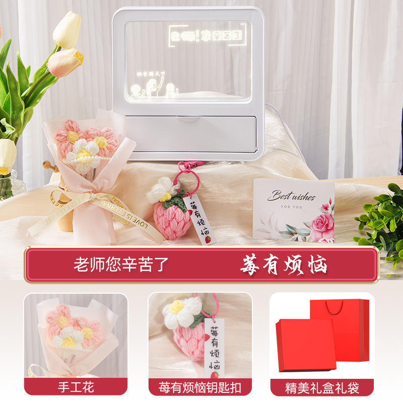 [Red Four-Piece Set] Peach and Plum Blossoms Everywhere - Pen Holder, Night Light, Bouquet Decoration, Greeting Card