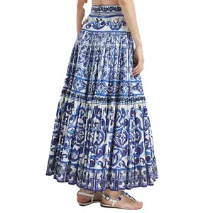 CHICEVER Women Summer Skirt Vintage Colorblock Pleated High Waist Midi Skirts For Women