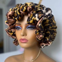 Chapeau de nuit en dentelle double couche pour femme avec oreilles, grande doublure en satin double face, bonnet de nuit en peluche imprimé léopard pour femme