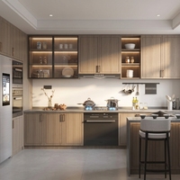 Meuble de cuisine moderne sur mesure en bois grainé avec porte en verre aluminium et éclairage LED, îlot de cuisine pour appartement et villa, OEM ODM