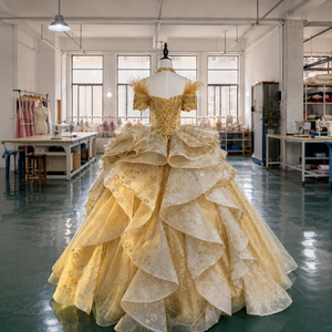Mc020 Elegant Gold Quinceanera Gown Beaded Bodice Glitter Lace Applique Princess Ball Dress Tiered Party Natural for - Product Image 5