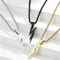 Kalung Liontin Lightning Bolt Pria N143 Rantai Kotak Baja Lapis Emas 18K Hitam Perak Perhiasan Punk HipHop Hadiah Pemakaian Sehari-hari