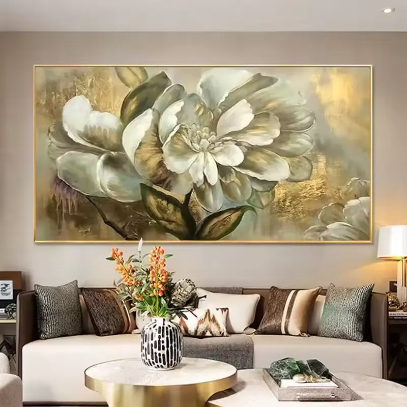 金箔の花100% 手描きのキャンバス油絵額入り壁アートの装飾リビングルームの家の装飾のための抽象的な油絵