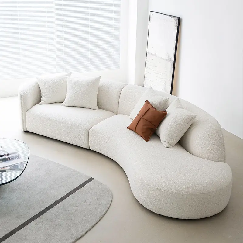 Set sofa bulat modern lembut, furnitur ruang tamu boucle melengkung bentuk khusus sofa putih kasmir desain sofa mewah