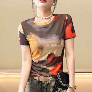Trendy Sheer Mesh Top With a Floral Print, Short Sleeves, Round Neck, and Slimming Figure-flattering Design - Product Image 1
