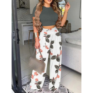 Abiti 2 pezzi per donna girocollo a manica corta top corti con stampa pantaloni lunghi a gamba larga estate set abbinati - Product Image 5