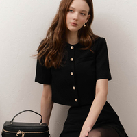 Enyami col rond bouton femmes à manches courtes bouton couleur unie dame petits hauts chemisier manteau veste
