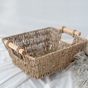 Seagrass Woven <b>Storage</b> <b>Basket</b> <b>Square</b> With Wooden Handles For Living Room Organization - Product Image 1