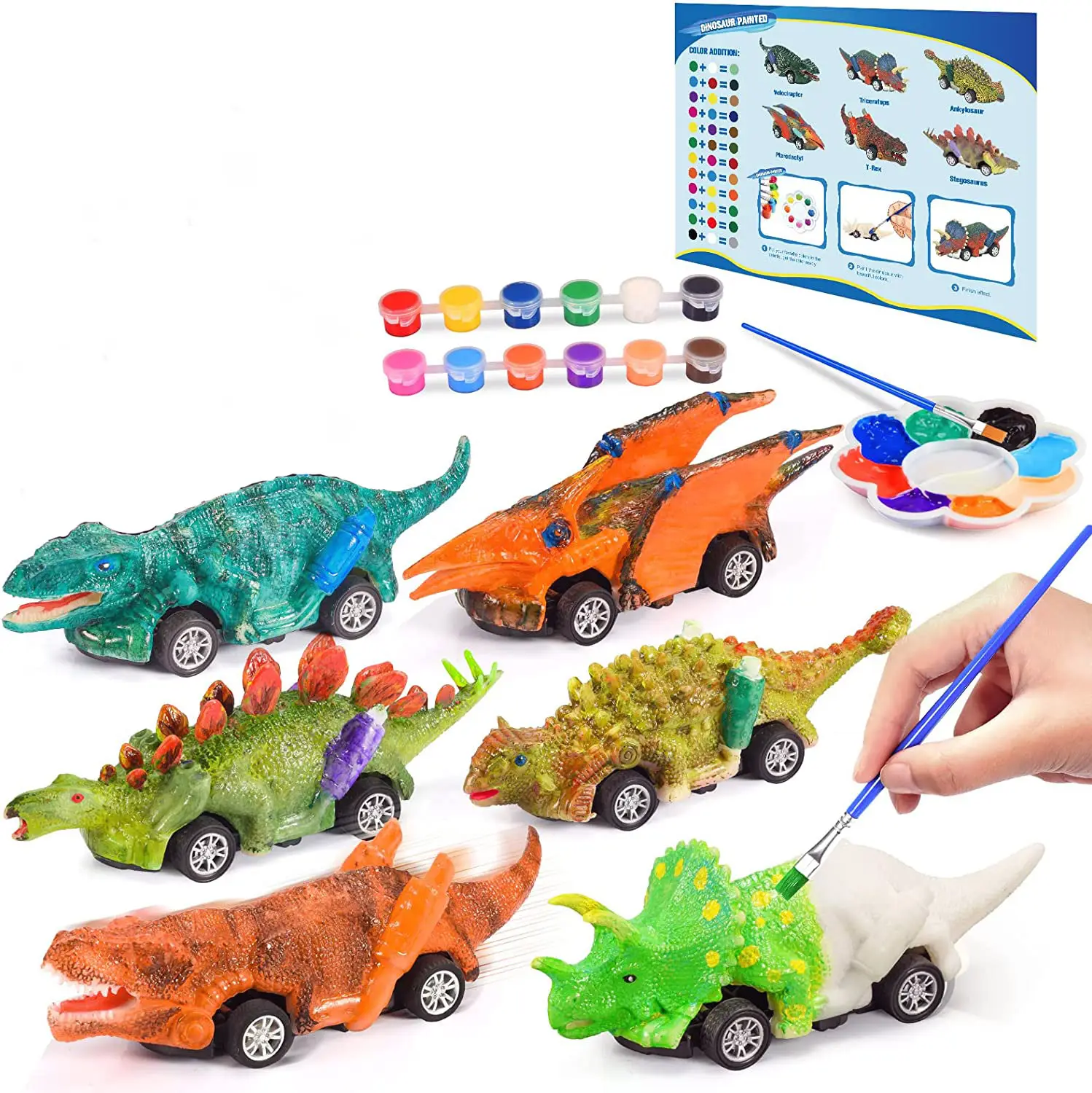 Set seni dan kerajinan pendidikan mobil, hadiah DIY 2 dalam 1 lukisan dinosaurus tarik mundur