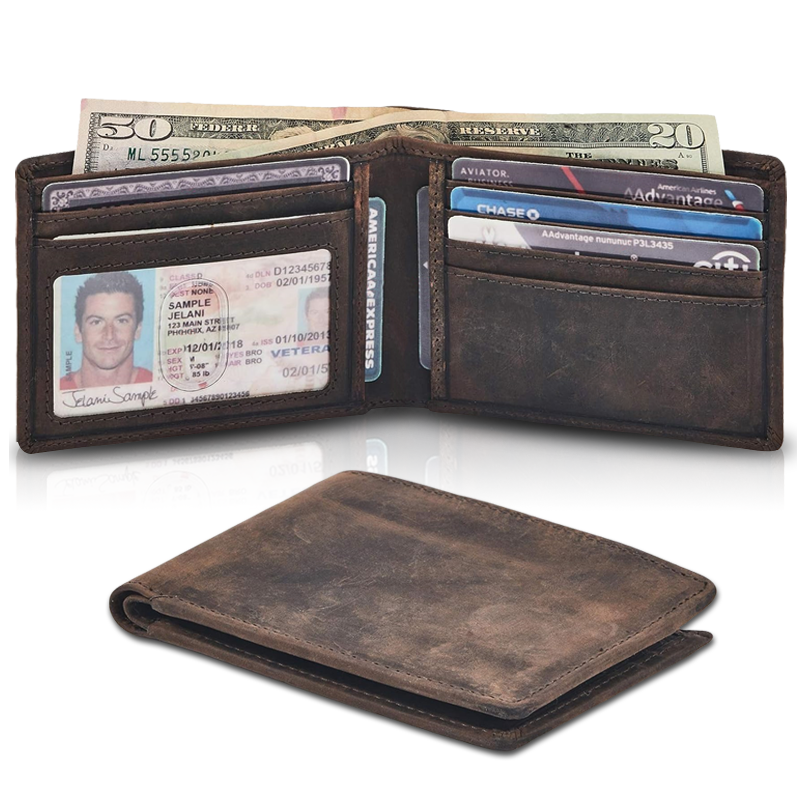 Genuine Leather Mens Bifold Wallet RFID