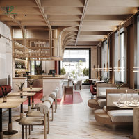 Chaises de restaurant en bois, comptoir d'éclairage LED pour café, canapé et tables pour la décoration intérieure de restaurant