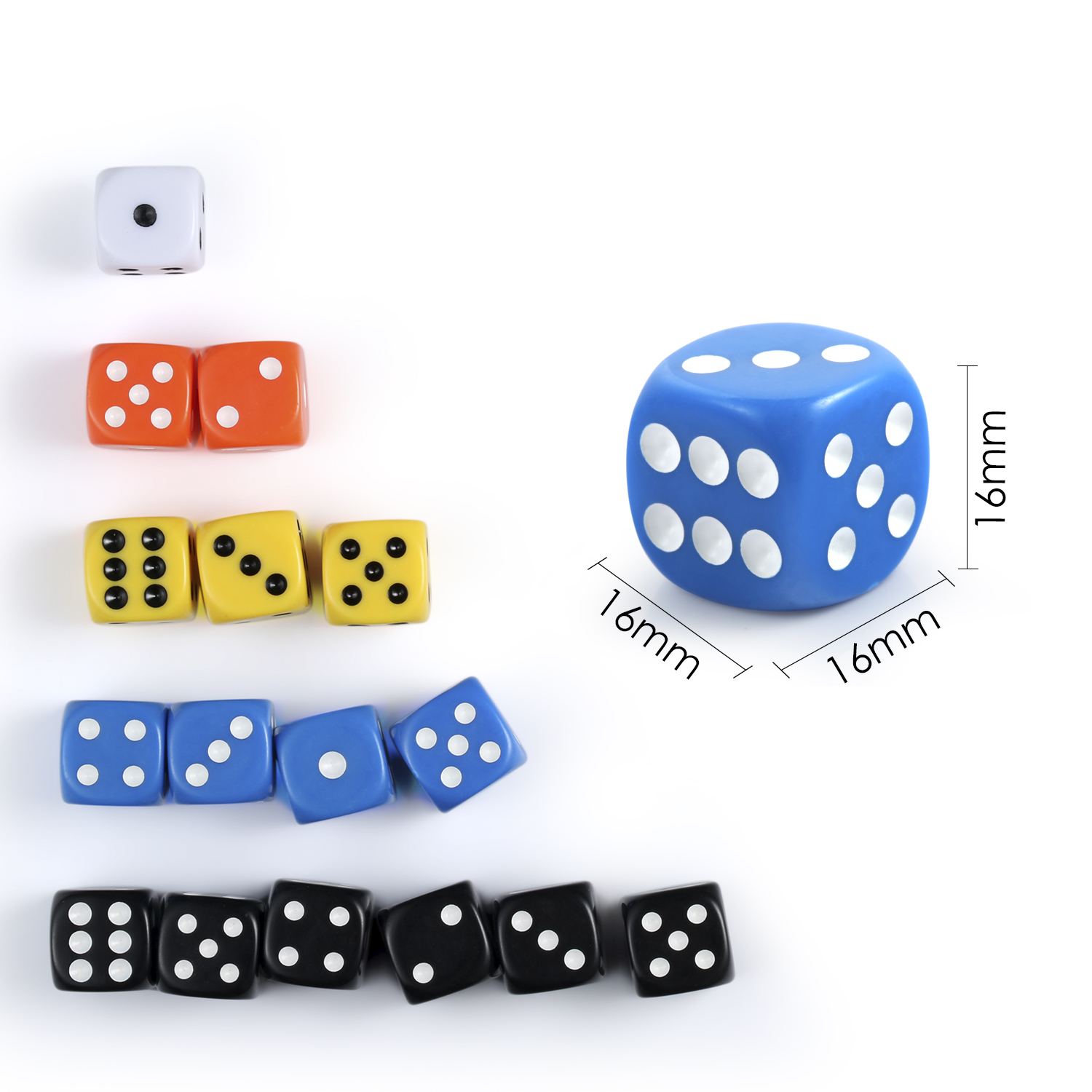 Juego de dados de esquina redondeada de 6 caras, 16mm, tamaño estándar, D6, juego de dados en 10 colores sólidos diferentes, funda para juegos de dados, 100 Uds.