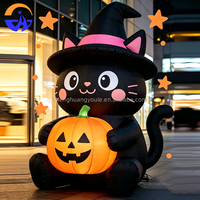 Chat noir gonflable géant d'Halloween avec chapeau de sorcière et citrouille pour centre commercial, jardin, fête, décoration extérieure de vacances avec souffleur