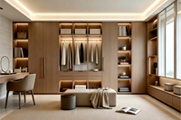 Armoire dressing moderne sur mesure avec cadre en bois, portes en panneaux de particules, éclairage LED, rangement, écologique, durable, assemblée
