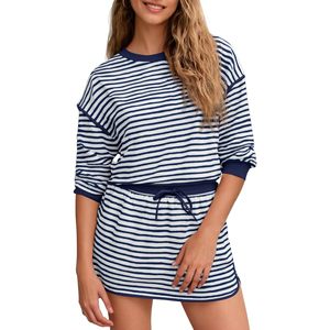 Womens Striped 2 Piece Workout Set Crewneck Long Sleeve High Waist Skort <b>Matching</b> Outfit Breathable Yoga Clothing - Product Image 1