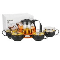 Ensemble théière portable BAMBUS en verre borosilicate haute résistance avec filtre en acier inoxydable et manchons isolants, 5 pièces (1 théière + 4 tasses)