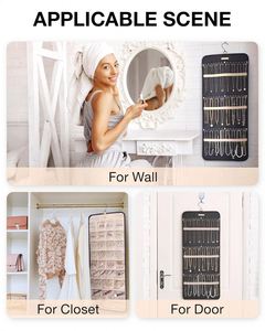 Double-Sided Hanging Jewelry Organizer <b>Storage</b> Roll With Hanger Metal Hooks for Earrings Necklaces Ring - Product Image 5