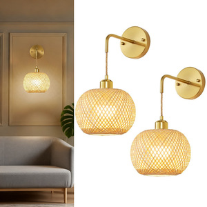 Lampe murale en bambou de style asiatique, E27 LED, abat-jour ambré, à fixer au mur, pour salon, chambre, hôtel - Product Image 1