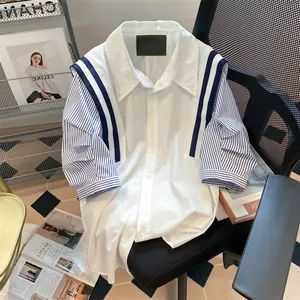 부티크 도매 2023 여름 대학 스타일 작고 인기있는 스트라이프 접합 대조 두 조각 여자의 셔츠