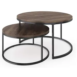 Ensemble de 2 tables basses gigognes rondes en métal et bois pour le salon moderne, table basse d'appoint avec cadre en métal massif