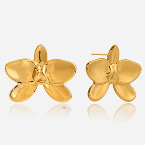 Pendientes de orquídea con forma de flor de acero inoxidable chapado en oro de 18 quilates para mujer, joyería fina para uso diario - Product Image 1