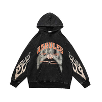 Sudadera con Capucha Personalizada para Hombre, Estilo Vintage, Lavado Ácido, 100% Algodón, Ecológica, con Estampado de Llamas, para Otoño