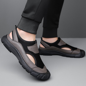 Sandales plates à bout fermé, doublure en mesh respirante, style sportif, légères, faciles à enfiler, chaussures décontractées d'été - Product Image 4