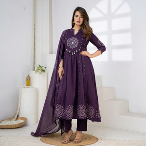 <b>Women</b>’s Purple Anarkali <b>Kurta</b> Set with Dupatta Embroidered Ethnic Wear for Festive Wedding Party and Traditional Occasions - Product Image 1