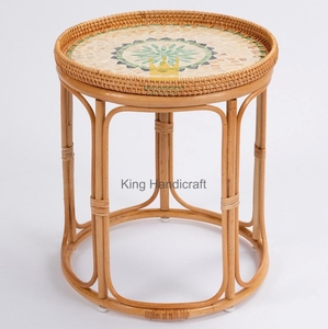 Modern Minimalist <b>Round</b> Rattan End <b>Table</b> Mother of Pearl Inlay Boho <b>Bedside</b> Nightstand Coffee <b>Table</b> Furniture - Product Image 3