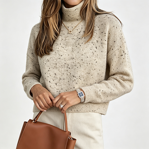 Maglione da <span class=keywords><strong>Donna</strong></span> di Alta Qualità in Lana d'Avena <span class=keywords><strong>Nera</strong></span> Mélange, Collo Alto, Maniche Lunghe, Crop Top Casual Lavorato a Maglia - Product Image 1