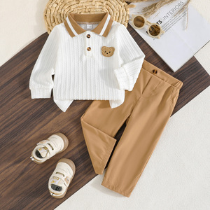 Ensemble haut côtelé à revers colorblock et pantalon uni pour bébé et tout-petit, style Preppy Bear, vêtements pour enfants multicolores, directement de l'usine, faible MOQ - Product Image 2
