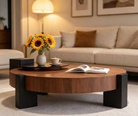 Meja Kopi Kayu Bulat Modern dengan Penyimpanan, Rangka Logam, Furnitur Ruang Tamu Serbaguna
