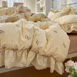 Parure de lit 4 pièces en microfibre lavée à motif floral papillon doux, bordure en dentelle, style princesse, housse de <span class=keywords><strong>couette</strong></span>, respectueuse de la peau - Product Image 4