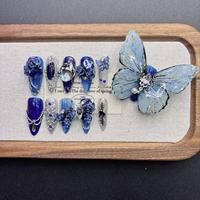 Nouveaux faux ongles de luxe en amande à pression, motif lotus vert, faits main, avec fleurs 3D, carpes koï et papillons, fournisseur d'art d'ongles de jardin