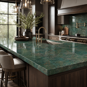 Dalle en pierre frittée aspect marbre vert émeraude forêt tropicale, carrelage en porcelaine aspect marbre poli 1600 x 3200 x 12 mm - Product Image 1