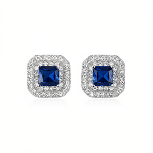 E1051 Orecchini a perno blu zaffiro da donna, gioielli classici geometrici con cristalli e montatura a griffe - Product Image 1