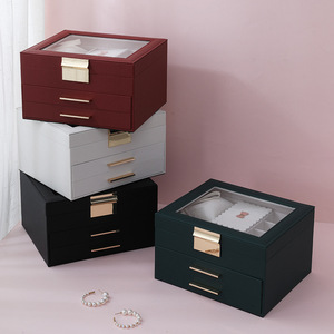 Caja de Almacenamiento de Joyas para Collares de Gran Capacidad Personalizada para Mujer, con Tapa de Vidrio, Tres Niveles, Terciopelo, Cuero PU, Caja de Regalo - Product Image 2