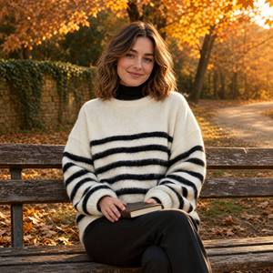 Suéter de Punto para Mujer, Otoño Invierno, Mezcla de Lana y Viscosa, Cuello Redondo, Rayas Blancas y Negras, Estilo Holgado, Hombros Caídos, Informal - Product Image 4