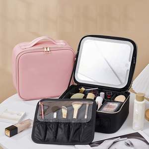 Professional Portable Large PU Cosmetic Bags Case <b>with</b> LED <b>Mirror</b> Fashionable <b>Makeup</b> Storage <b>Box</b> Zipper Closure Type - Product Image 1