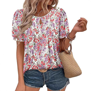 Dropshipping Shopify Blusa Túnica Casual de Verano para Mujer, Tallas Grandes, Estampado Floral, Cuello Redondo, Manga Corta, Fruncida - Product Image 2