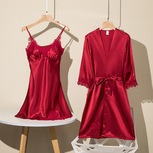Conjunto de Albornoz liso suave para mujer, camisones de encaje sedoso con <span class=keywords><strong>bata</strong></span>, conjunto de ropa de dormir de satén para mujer, vestidos de noche para mujer, Conjunto de pijama - Product Image 5