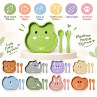 Ensemble de vaisselle pour enfants avec animaux de dessin animé, assiette en silicone, cuillère et fourchette pour bébés et tout-petits