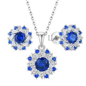 Vintage 925 plata esterlina zafiro joyería azul piedra preciosa flor boda collar pendiente joyería conjunto